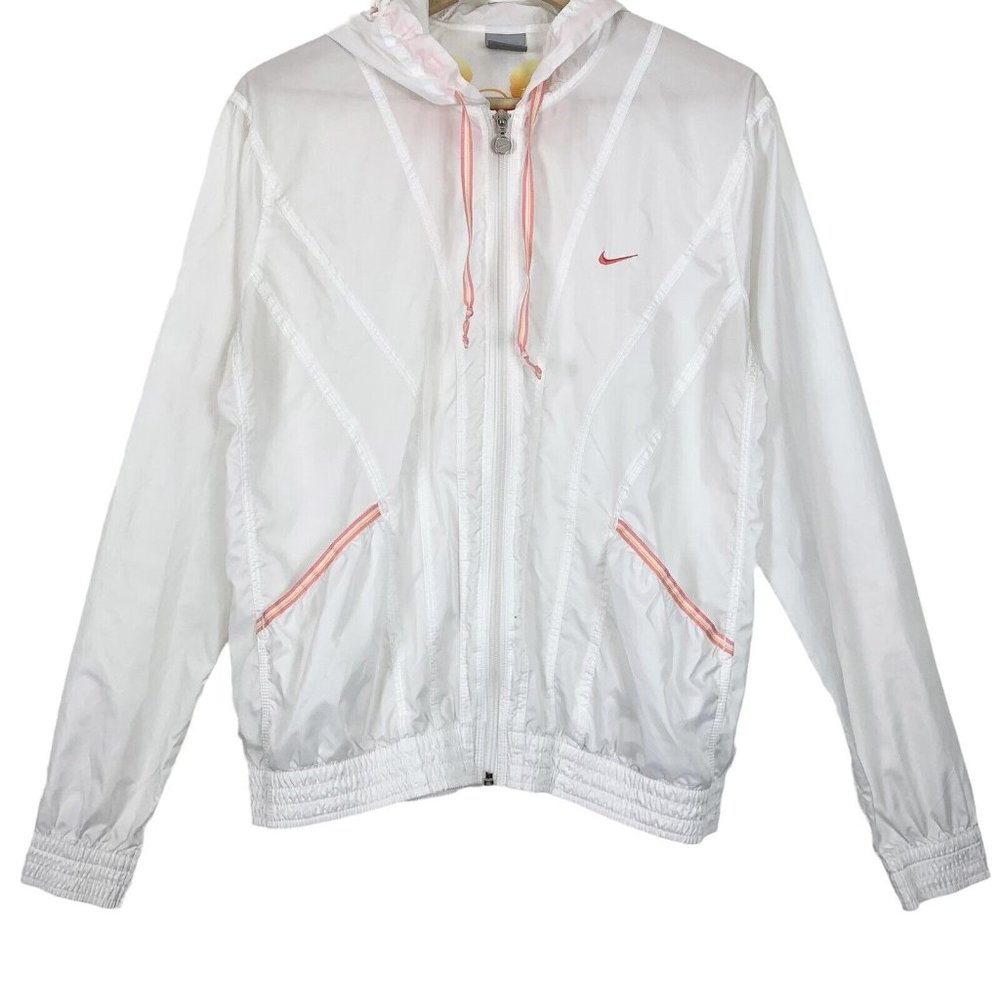 Nike Large Jacket Windbreaker Full Zip Hooded White Pockets Pink Yellow Trim